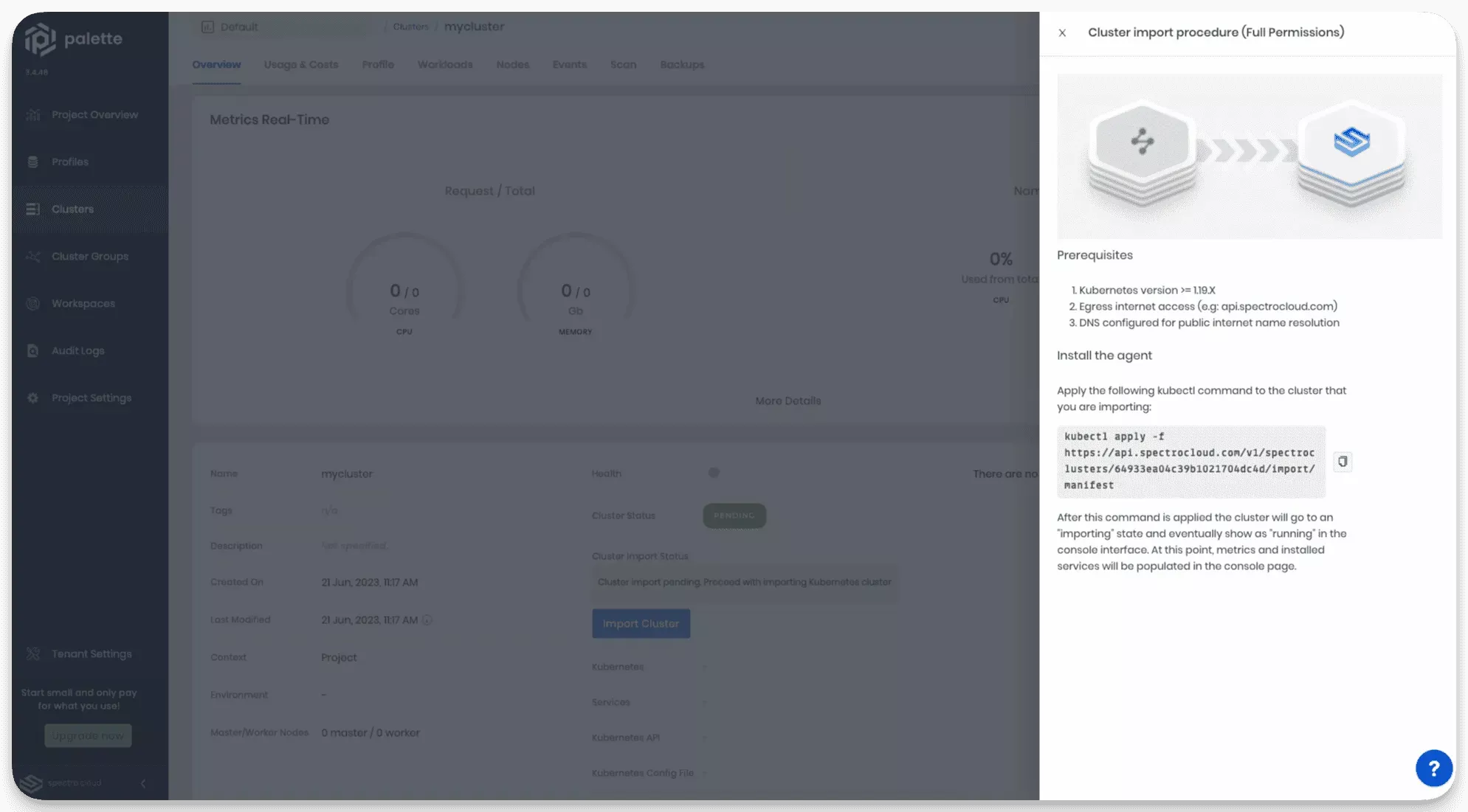 A view of the cluster details page with the sidebar instructions box